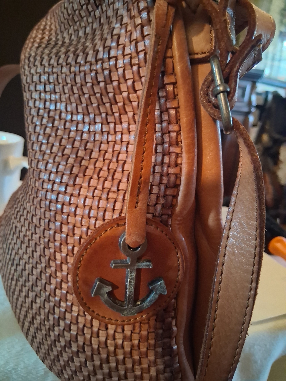 Woven Leather Shoulder Bag with Anchor Charm in Cognac
